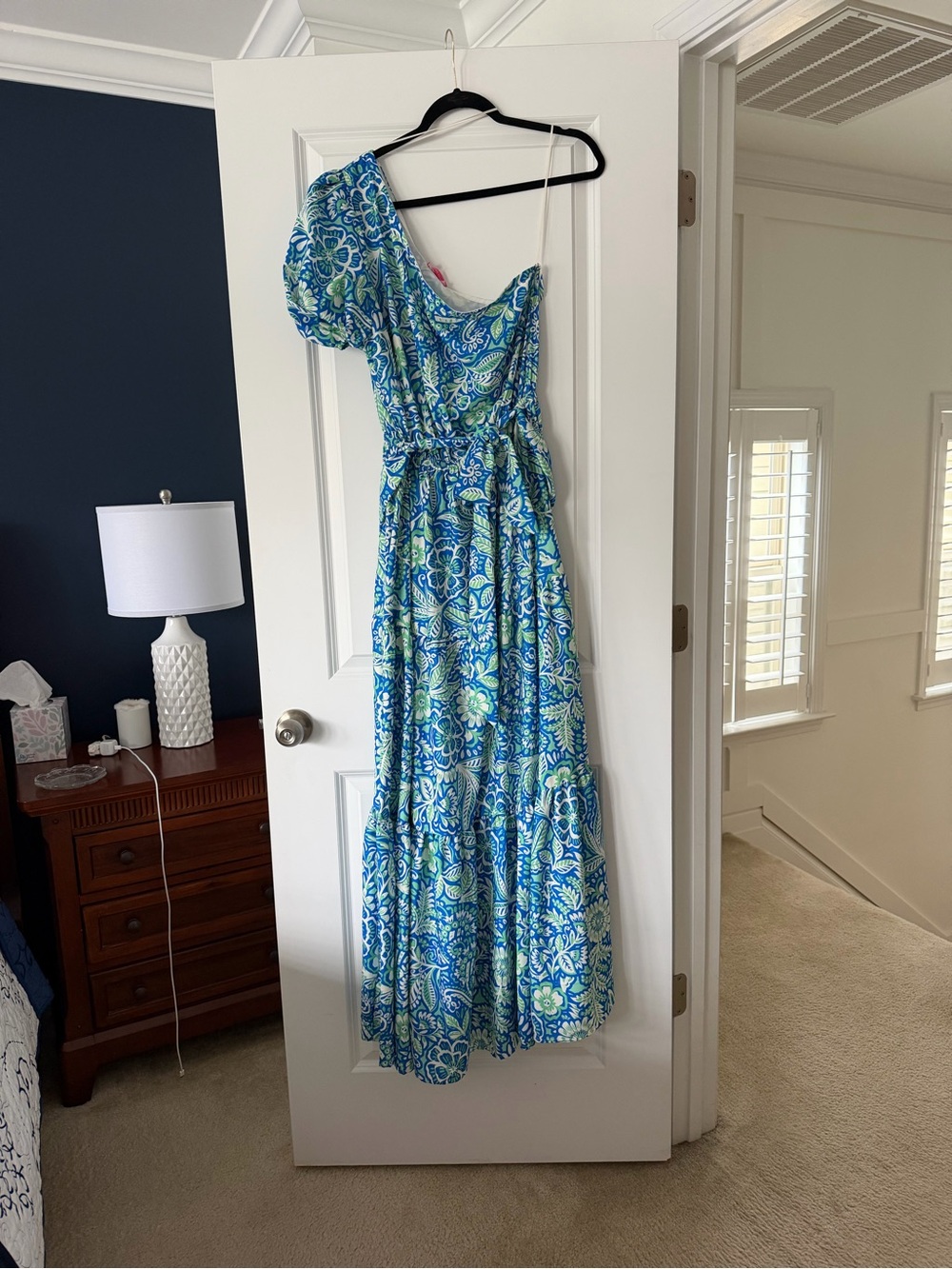 Flying Tomato One-Shoulder Tiered Maxi Dress in Blue and Green Paisley
